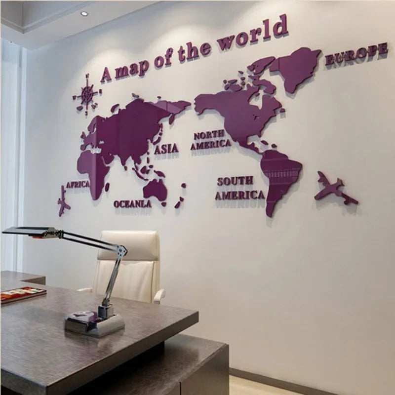 Nordic World Map Acrylic 3D Wall Decal Office Study Living Room Sofa Background Wall Decoration - purple / M 120cmX60cm