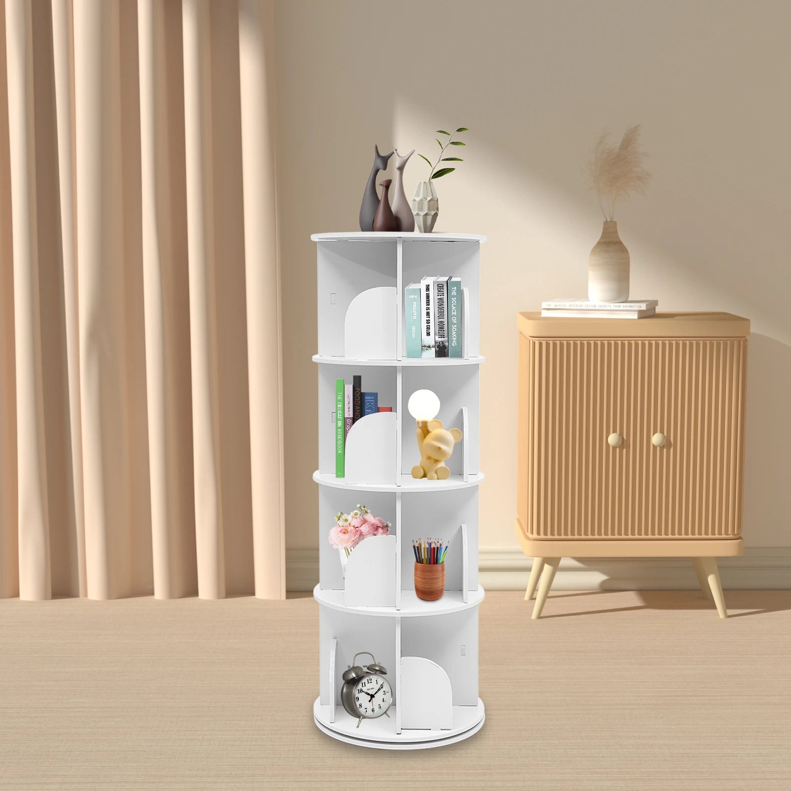 4 Tier Rotating Bookshelf 360° Spinning Display Rack with Wheels 16-Cube Storage Shelf for Books Toys White for Home