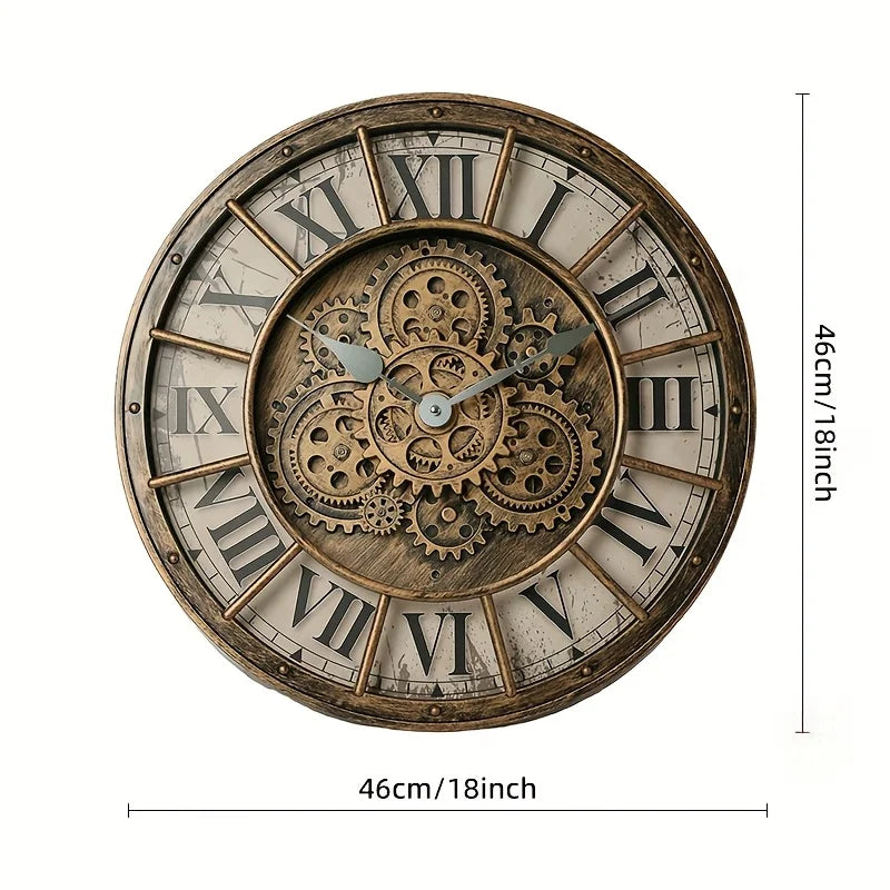 46cm Real Moving Gears Wall Clock Large Industrial Steam Punk Roman Numeral Wall Clock Living Room Home Decoration