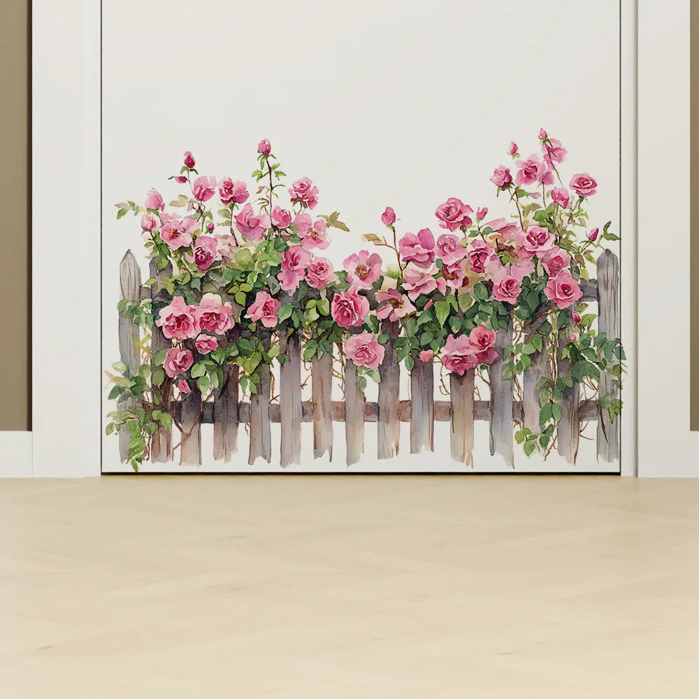 Pink Rose Fence Flowers Wall Art Decor Living Room Self Adhesive Wall Stickers for Bedroom Office Decoration - 40 x 60cm