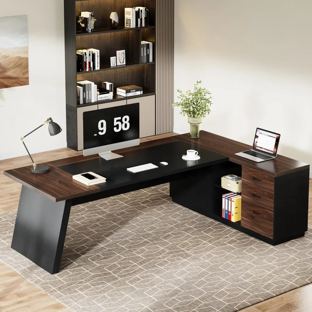 78 Inch L Shaped Executive Desk Large Desk with Drawers and Side File Cabinets Modern Home Office Computer Desk