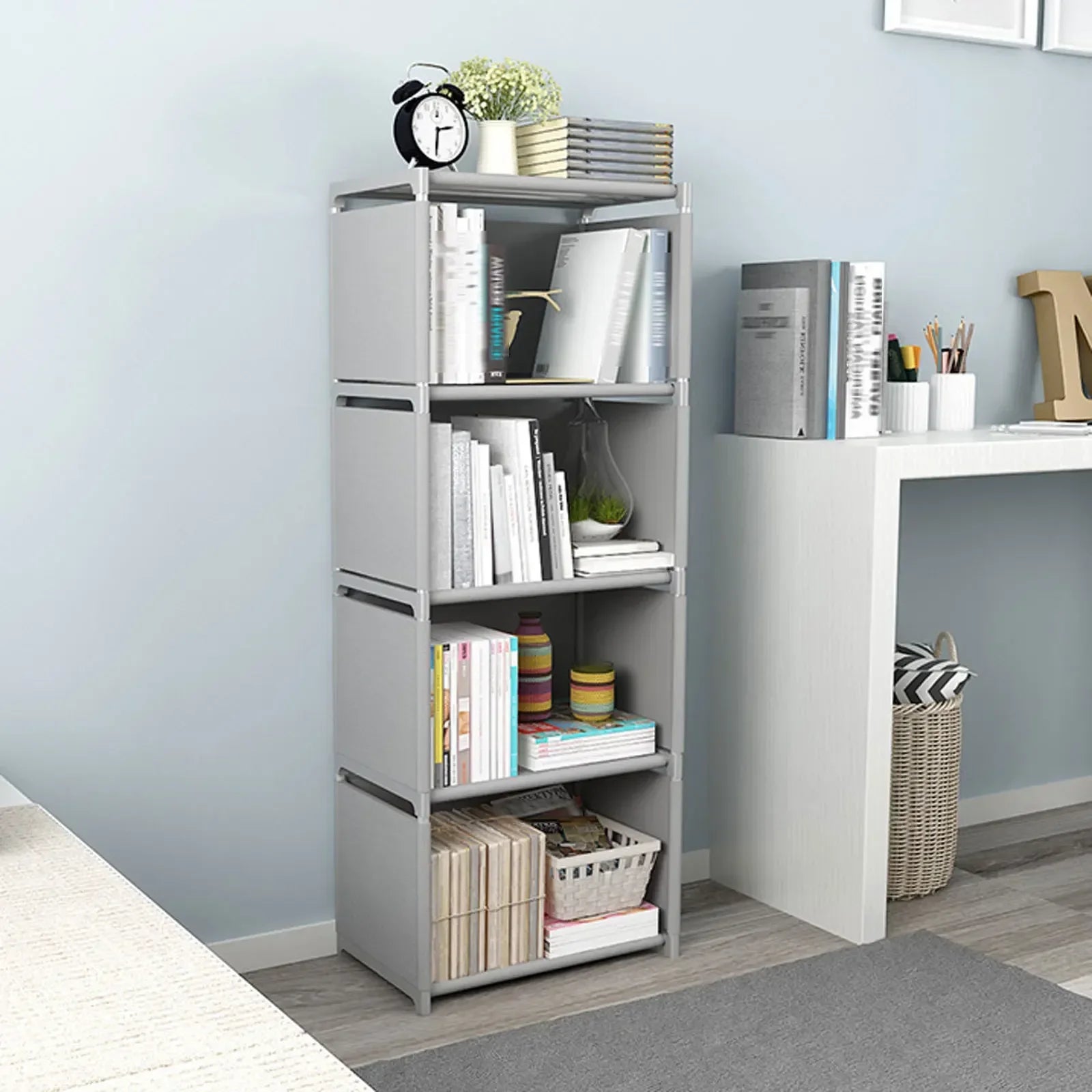 4-tier Bookcase Display Holder Book Storage Shelve Stand Light Gray Bookshelf Waterproof High Load-bearing Capacity