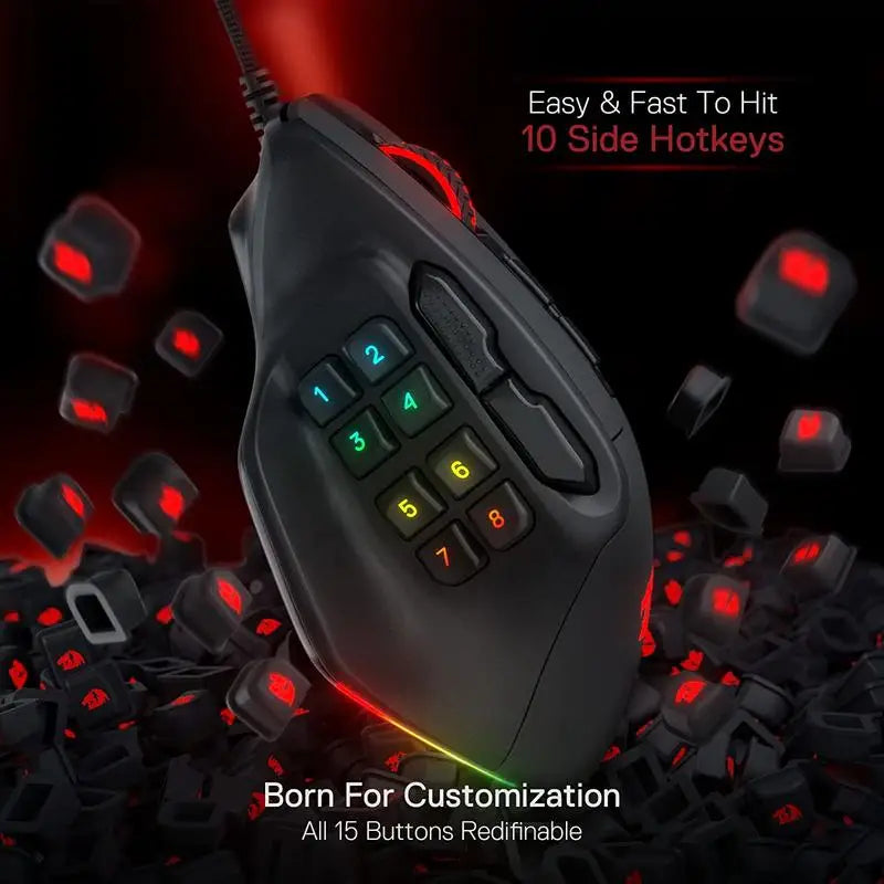 Redragon M811 Aatrox MMO Gaming Mouse 15 Programmable Buttons Wired RGB Gamer Mouse w/ Ergonomic Natural Grip Build