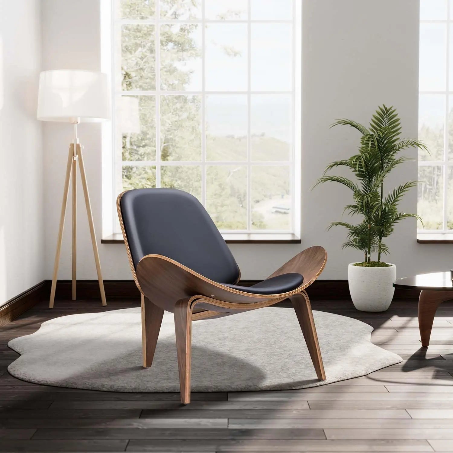 Mid Century Modern Shell Lounge Chair PU Leather Tripod Plywood Classic Design Solid Wood Accent Chairs for Living Room