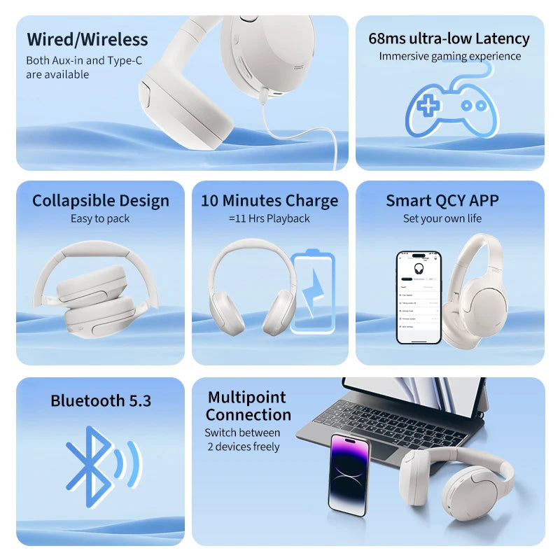 QCY H3 Lite ANC Wireless Headphones Bluetooth 5.3 Active Noise Cancelling Over Ear Headset 40mm Driver HiFi Sound