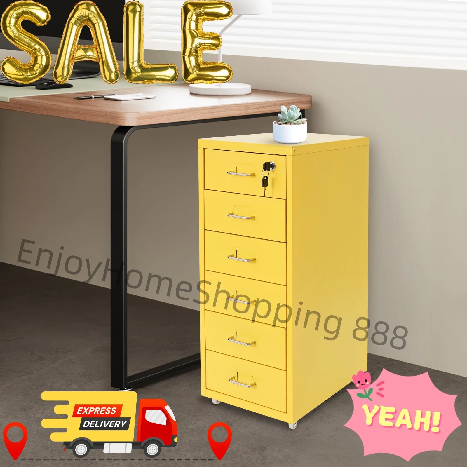 6-Layer Yellow Metal File Cabinet with Wheels - Mobile Storage for Offices Schools & Homes Ideal for Organizing