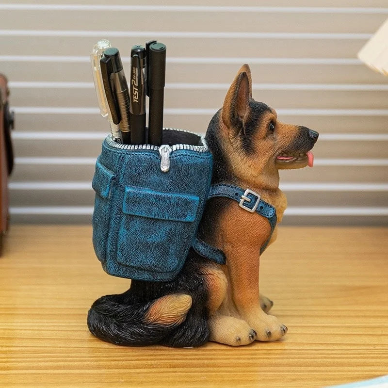 German Shepherd Pen Holder: Stylish Office Desk Stationery Organizer & Sculptural Ornament – New Resin Craft Dog Decor