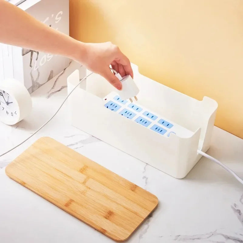 Wire Organizer Box Power Plug Board with Wooden Lid Plastic Wire Boxes Socket Data Cable Junction Box Desktop Storage