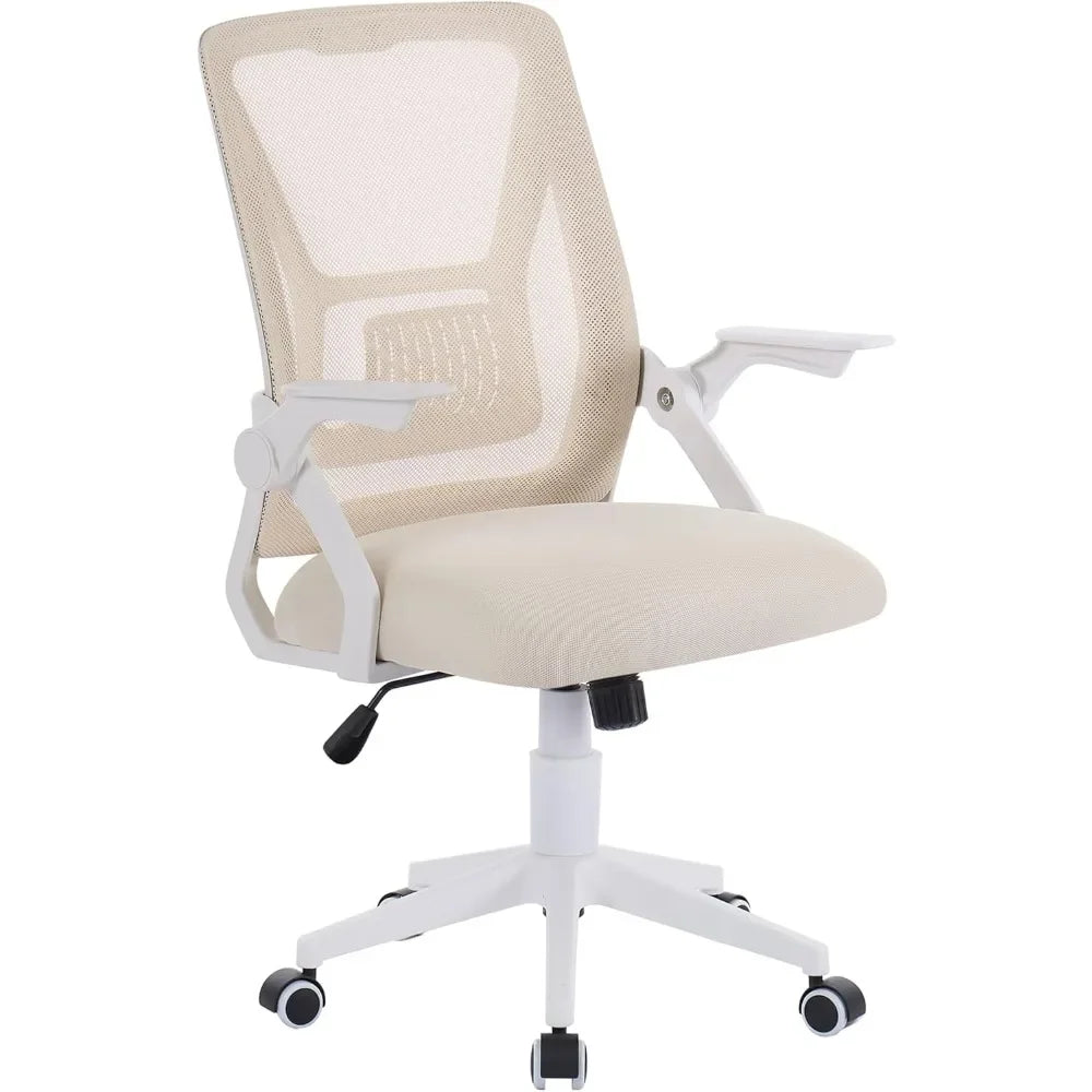 Beige Desk Chair Mid-back Swivel Ergonomic Office Chair With Adjustable Arms Mesh Lumbar Support for Computer Task Work