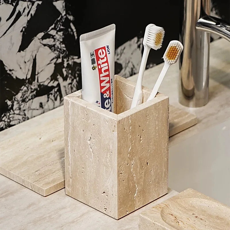 Natural Marble Pencil Pen Holder Desktop Organizer,Office Stationary Supplies Storage Stone Travertine Makeup Brush Box