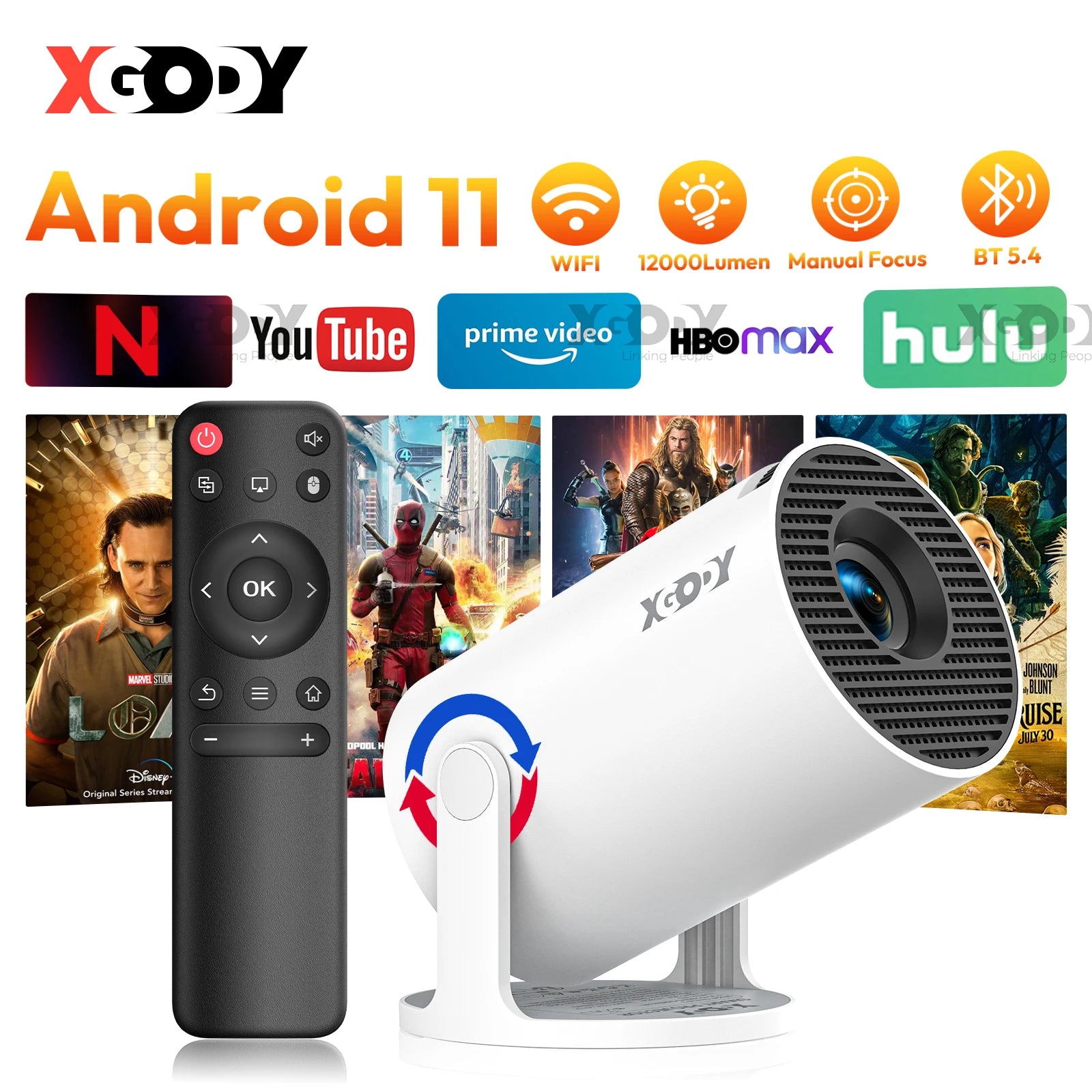 XGODY Projector 12000 Lumen Short Throw Speaker Base Projectors 4K 1080P WiFi 6 Bluetooth 5.4 Android Portable Home