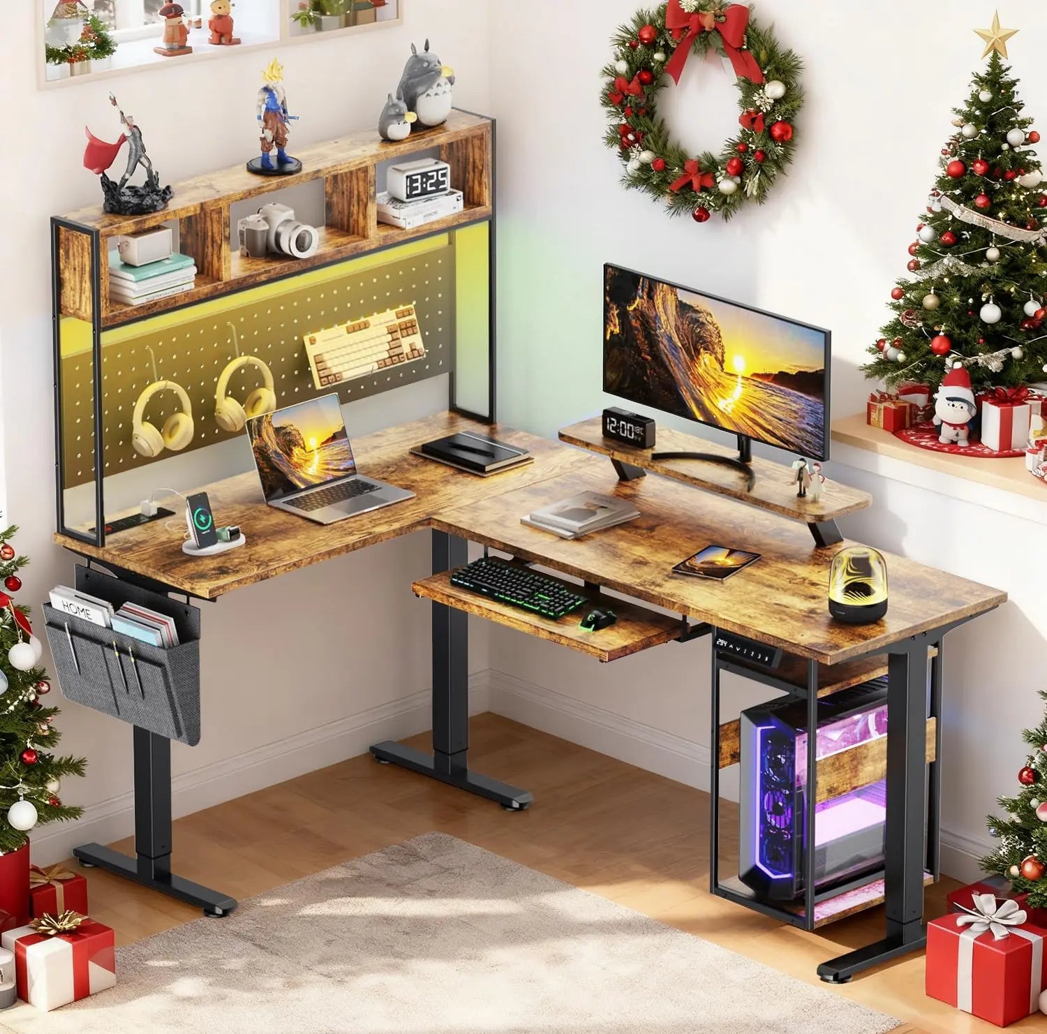 Electric L Shaped Standing Desk Adjustable Height 67’’ x 47’’ Corner Computer Desk with Host Shelf Gaming Desk with LED