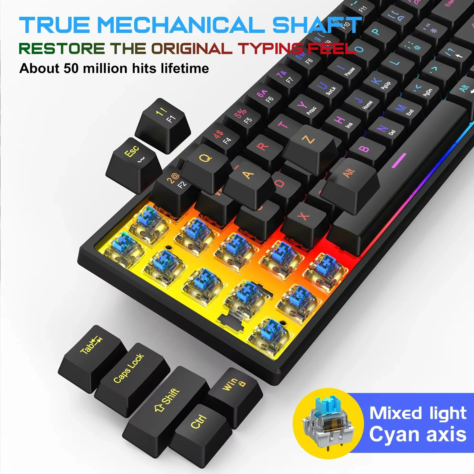 61 Keys Mechanical Keyboard Wired Gaming Keyboard for Laptop Desktop Ergonomics RGB Backlit Cyan Axis Keycaps PC