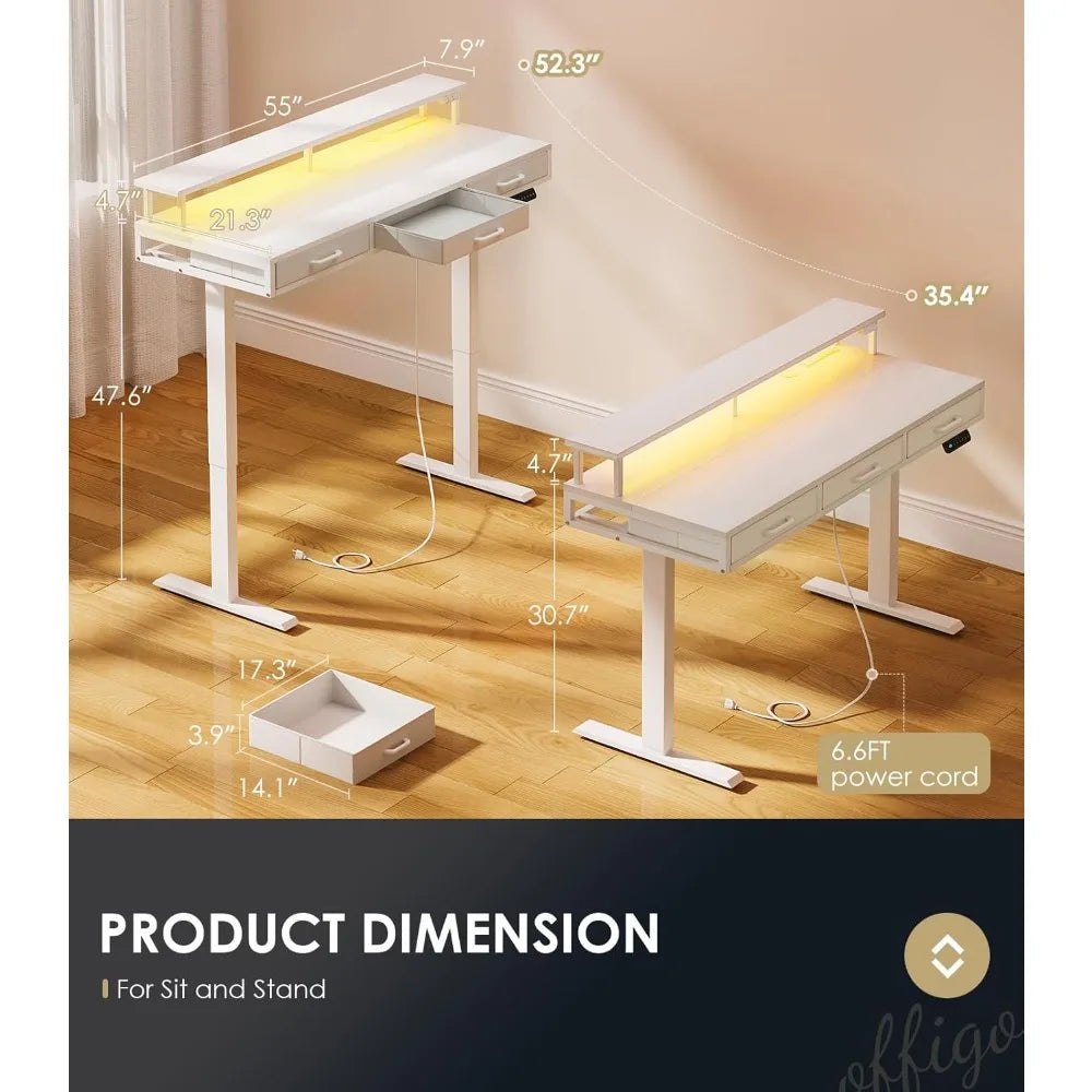 Electric Standing Desk with Drawers Height Adjustable Desk with Power Outlets & LED Lights Sit Stand Table with Monitor