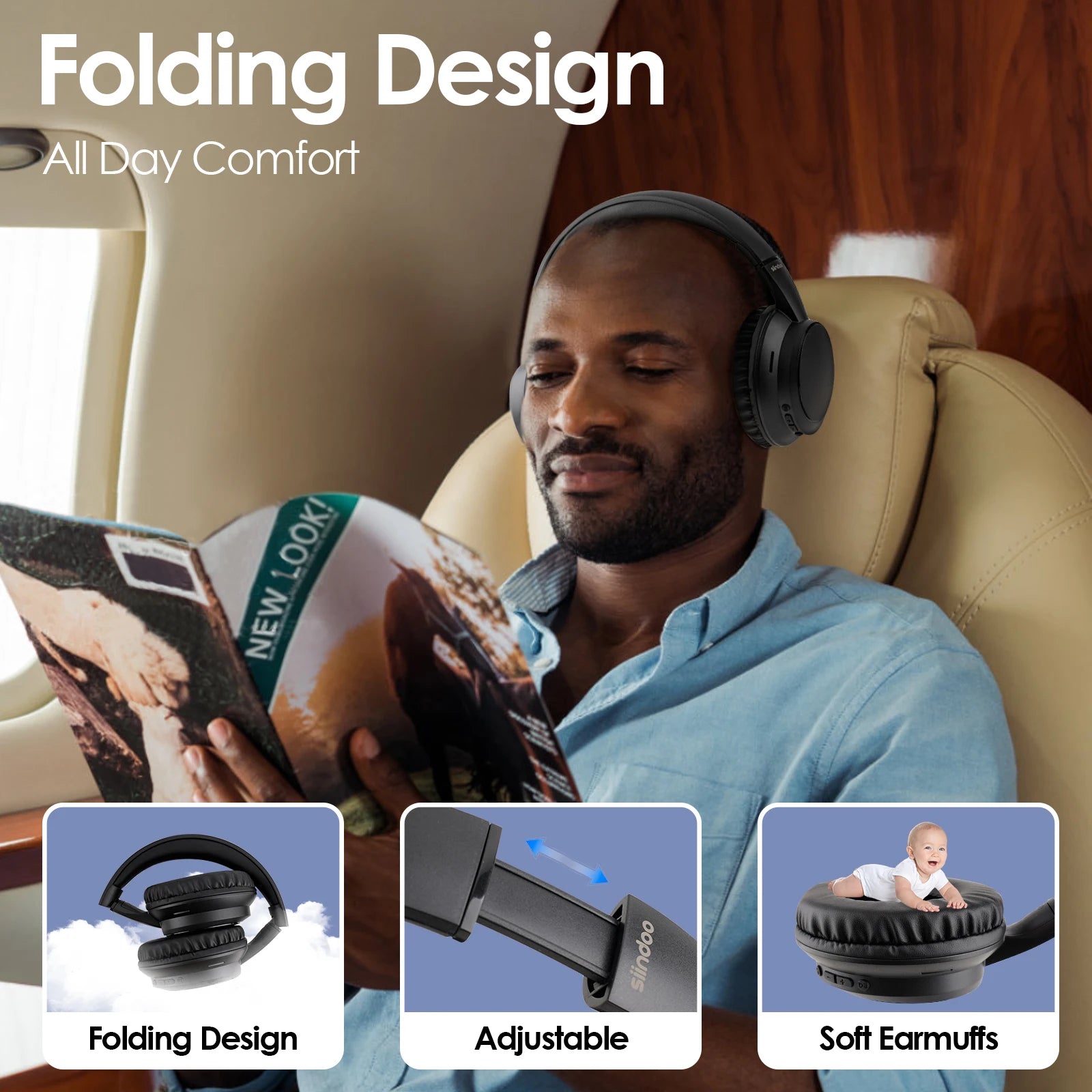 Siindoo JH-820 Wireless Bluetooth Headphones 60H Playtime,3 EQ Sound Modes,Foldable Lightweight Bluetooth 5.4