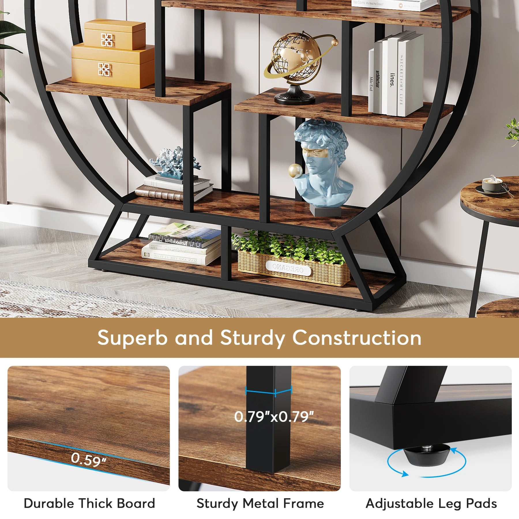 Tribesigns Bookshelf Round Bookshelves Etagere Bookcase 63-Inch Industrial Wood Book Shelf with Staggered Shelves