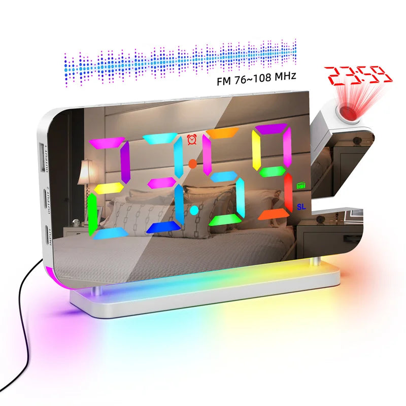 FM Radio 180° Projection Alarm Clock RGB With RGB Night Light 6 Levels Brightness Dual USB Output Port 12H/24H Digital
