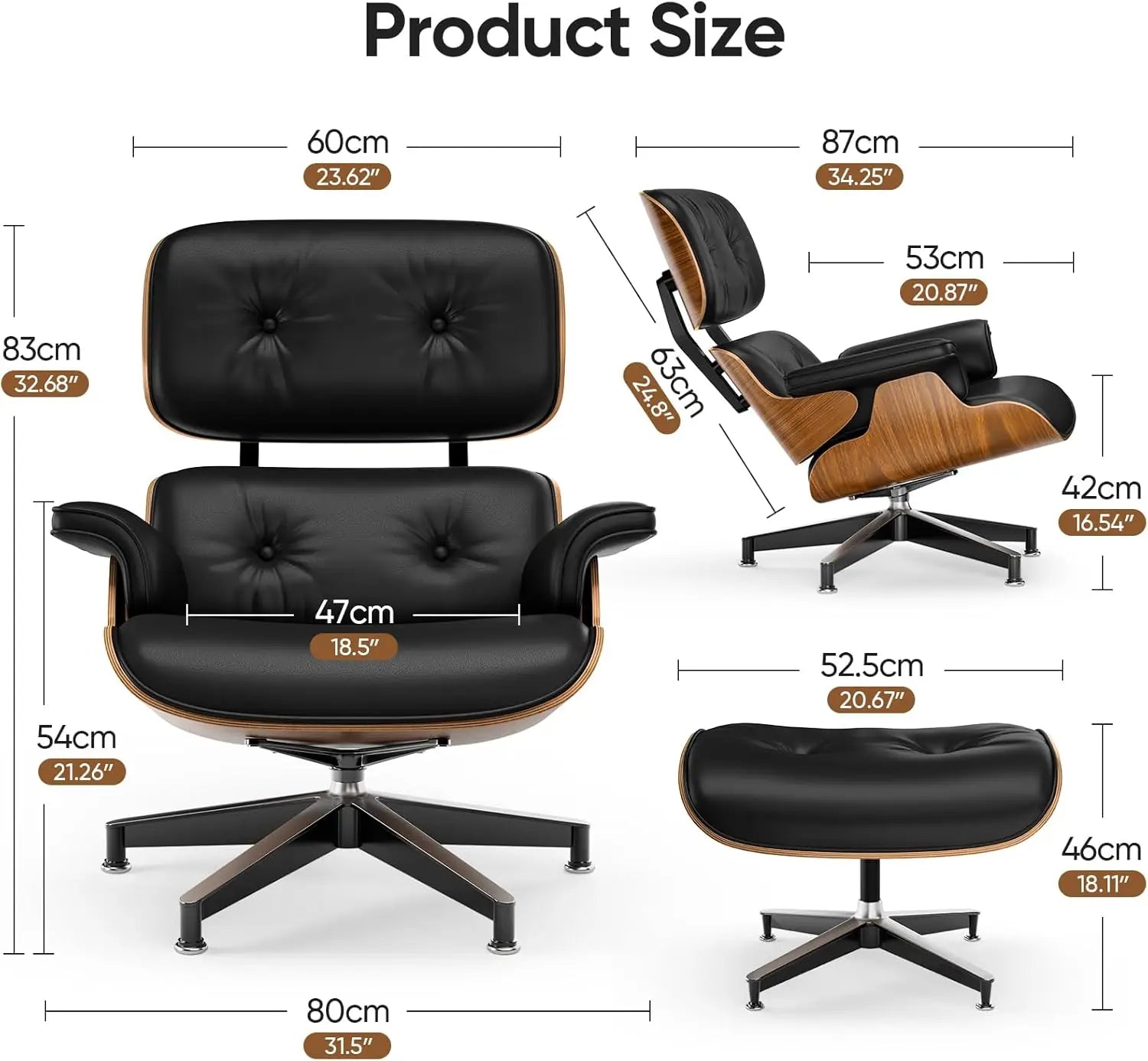 Top Black PU Leather Mid Century Chaise Lounge Chair and Ottoman Modern Chair Classic Design Walnut Wood - United States