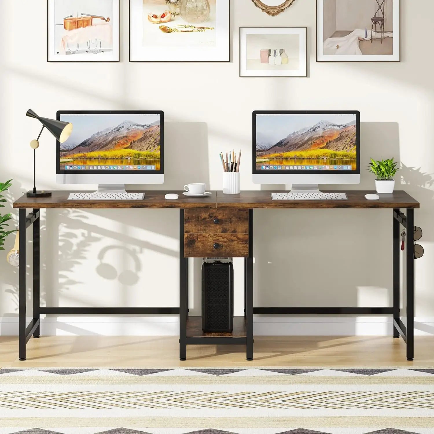 LITTLE TREE 79’’ Double Desk Two Person Desk with Storage Drawer Long Desk Home Office Desks for 2 Person Rustic Brown