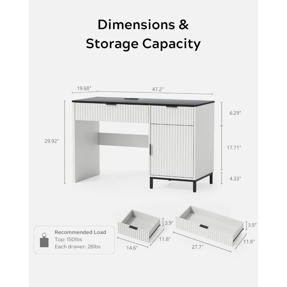 47’’ Fluted Executive Desk Modern Wood Home Office Desk with Charging Station Professional Workstation w/ USB Ports &