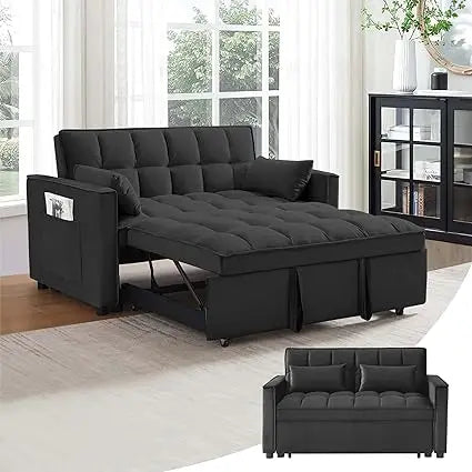 55 Inch 3-in-1 Sleeper Loveseat Velvet Futon Sofa with Adjustable Reclining Backrest and Pull Out Couch Includes