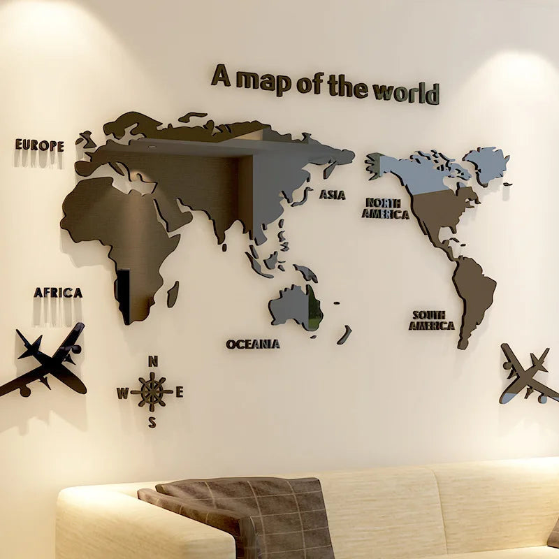 3D World Map Wall Sticker Acrylic Solid Color Crystal Bedroom Wall With Living Room Classroom Stickers Office