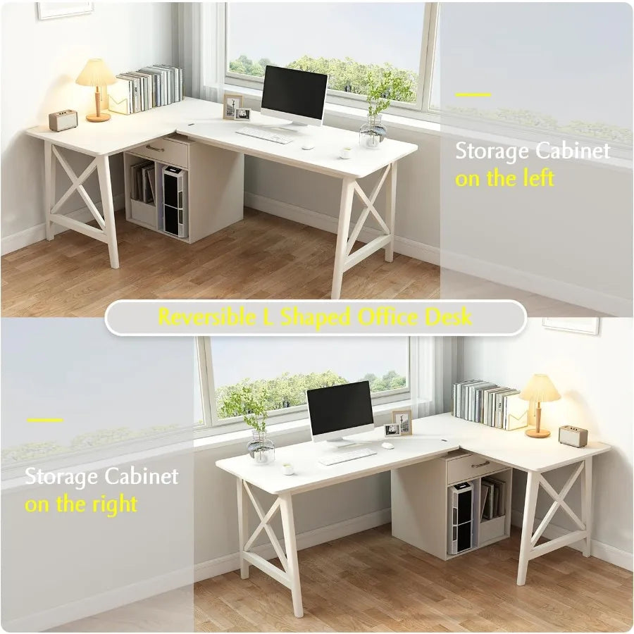 2Person Desk with Storage Cabinet 94 Wooden Extra Long L Shaped Table Double Work Study Computer Workstation for Home