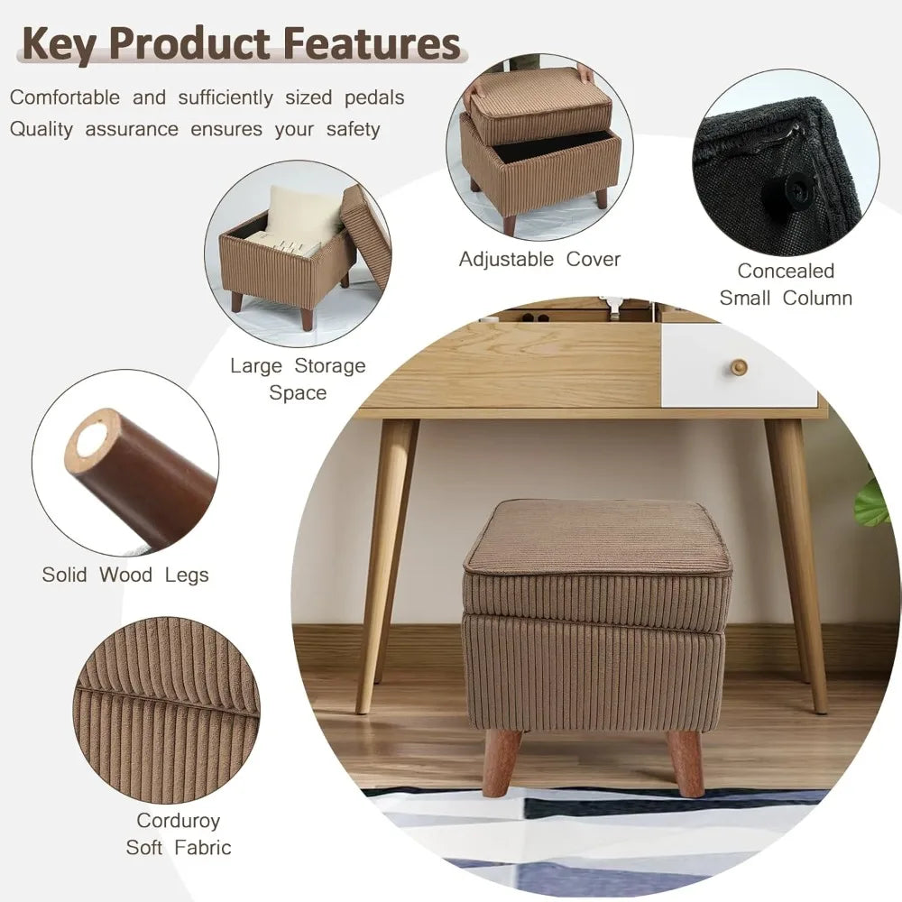 Storage Ottoman with Adjustable Lid Soft Step Stool Footrest and Seat Ottoman Foot Rest for Living Room Bedroom Dorm