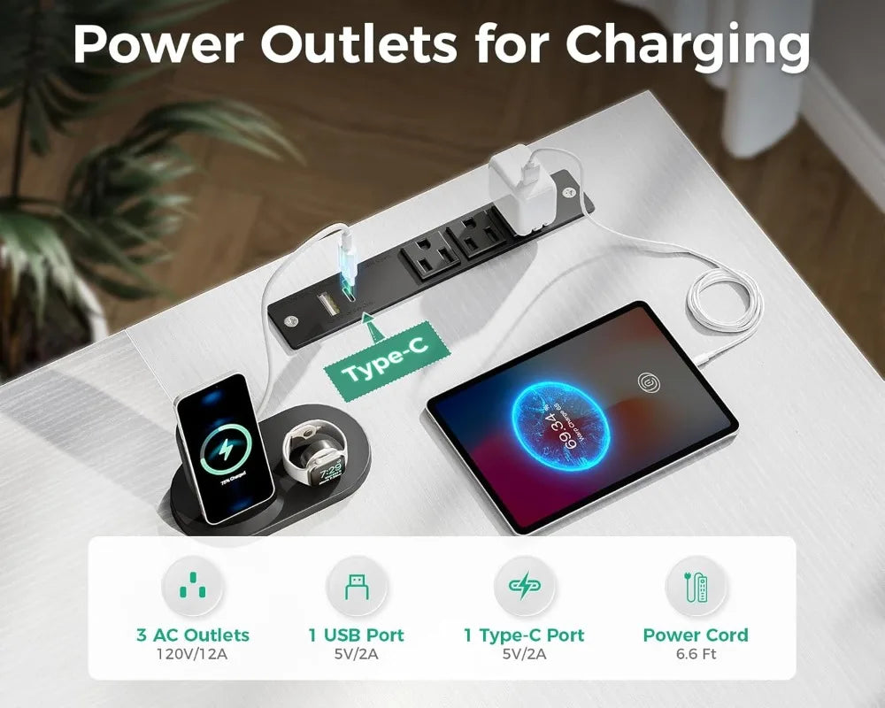 L Shaped Computer Desk with 6 Drawers & Power Outlet 55 Inch Corner Desk with Reversible Storage Shelf & File Drawer