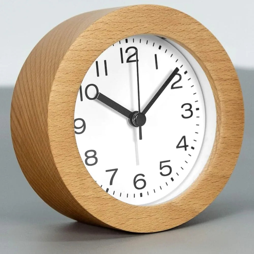 3 Inches Round Wooden Alarm Clock with Arabic Numerals Non-Ticking Silent Backlight Battery Operated Wood Table Desk