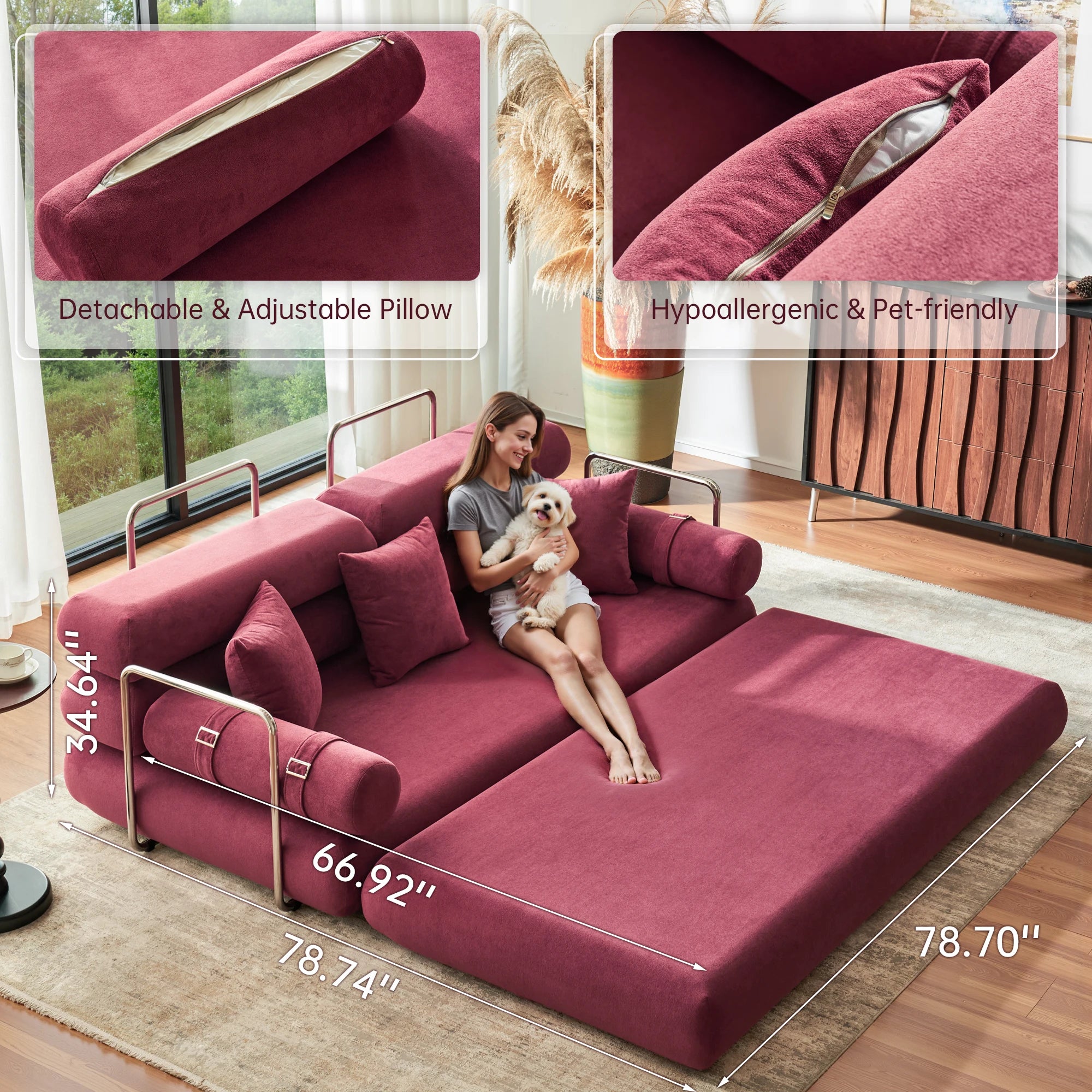 Convertible Sleeper Sofa - 35’’ High-Back Floor Couch Bed - Folding Sofa Bed with Rounded Arm Supports - Floor Sofa