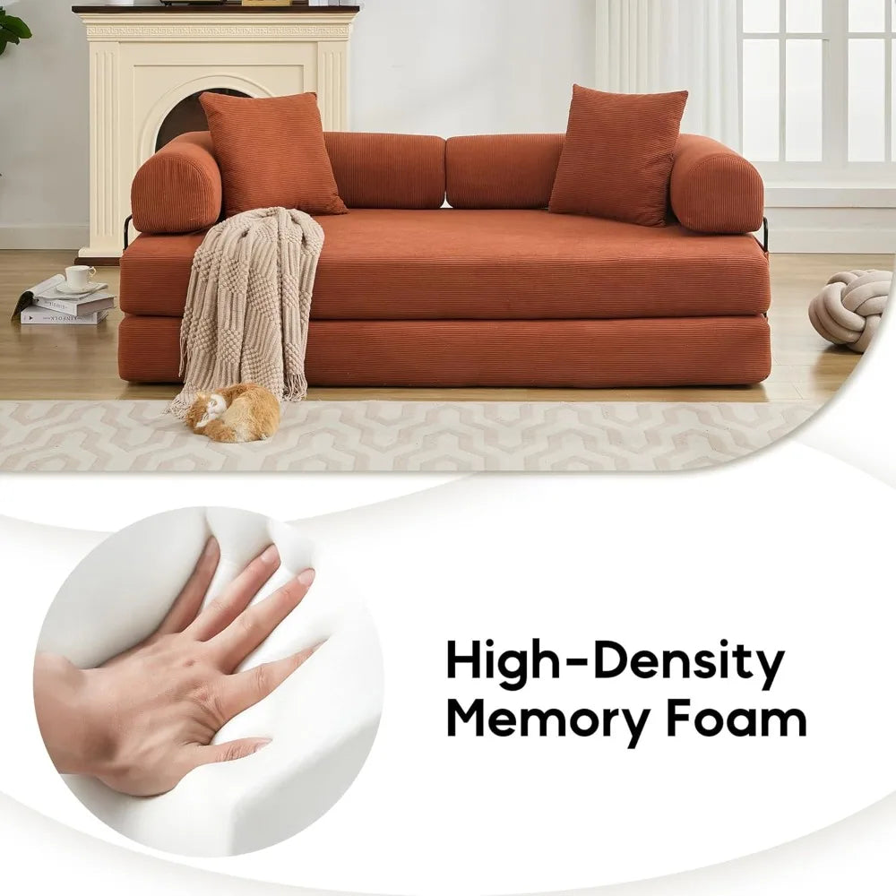 Convertible Sleeper Sofa Bed with Cylindrical Pillow Corduroy Folding Mattress Couch with Fixed-Shape Frame Floor Sofa