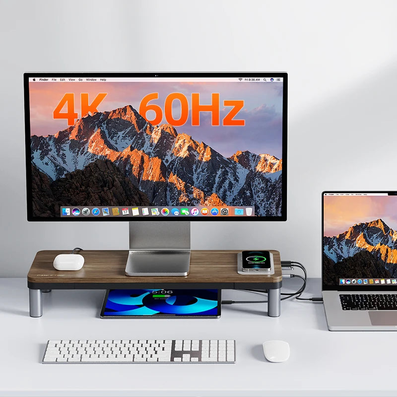 CABLETIME Monitor Stand with USB-C Hub 9 in 1 Dock HDMI 4K60Hz PD100W RJ45 Wireless Charging for Macbook PC Laptop Desk