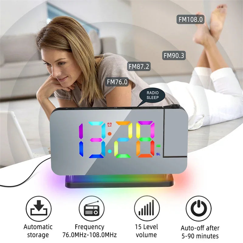 FM Radio 180° Projection Alarm Clock RGB With RGB Night Light 6 Levels Brightness Dual USB Output Port 12H/24H Digital
