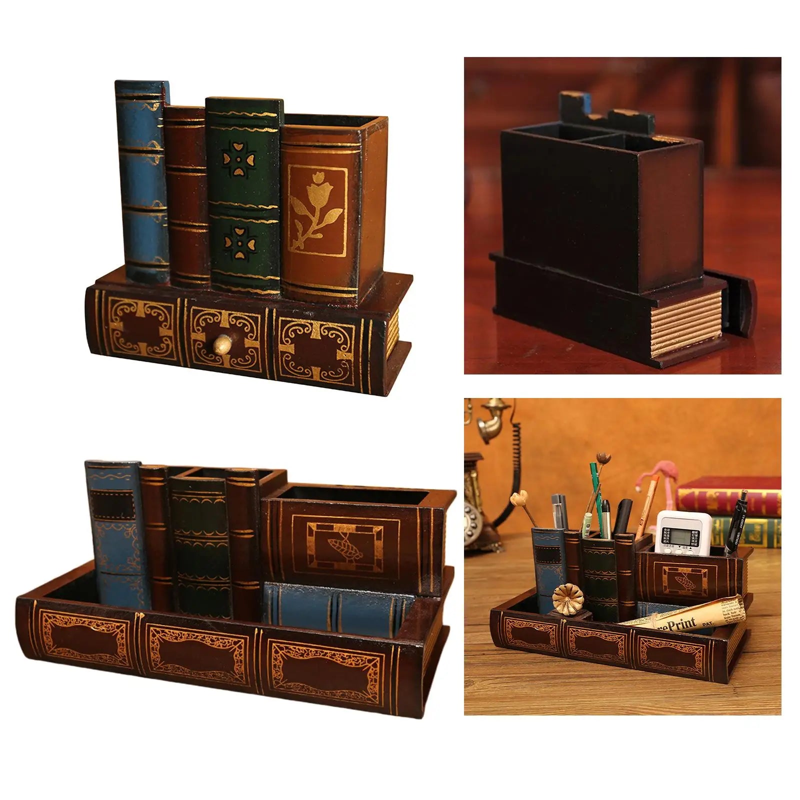 Wooden Pen Holder Book Shaped Multi-Functional Desk Organizer Case Pencils Storage Box Vintage Classroom Table Home