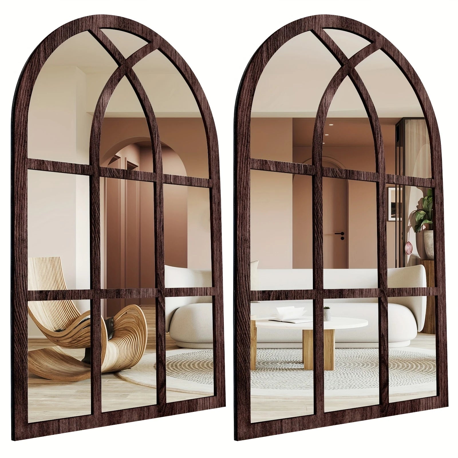 2pcs16in Retro Arched Wooden Frame Acrylic Double-Deck Wall Mirror Art Decor Home Living Room Bedroom Office Decor