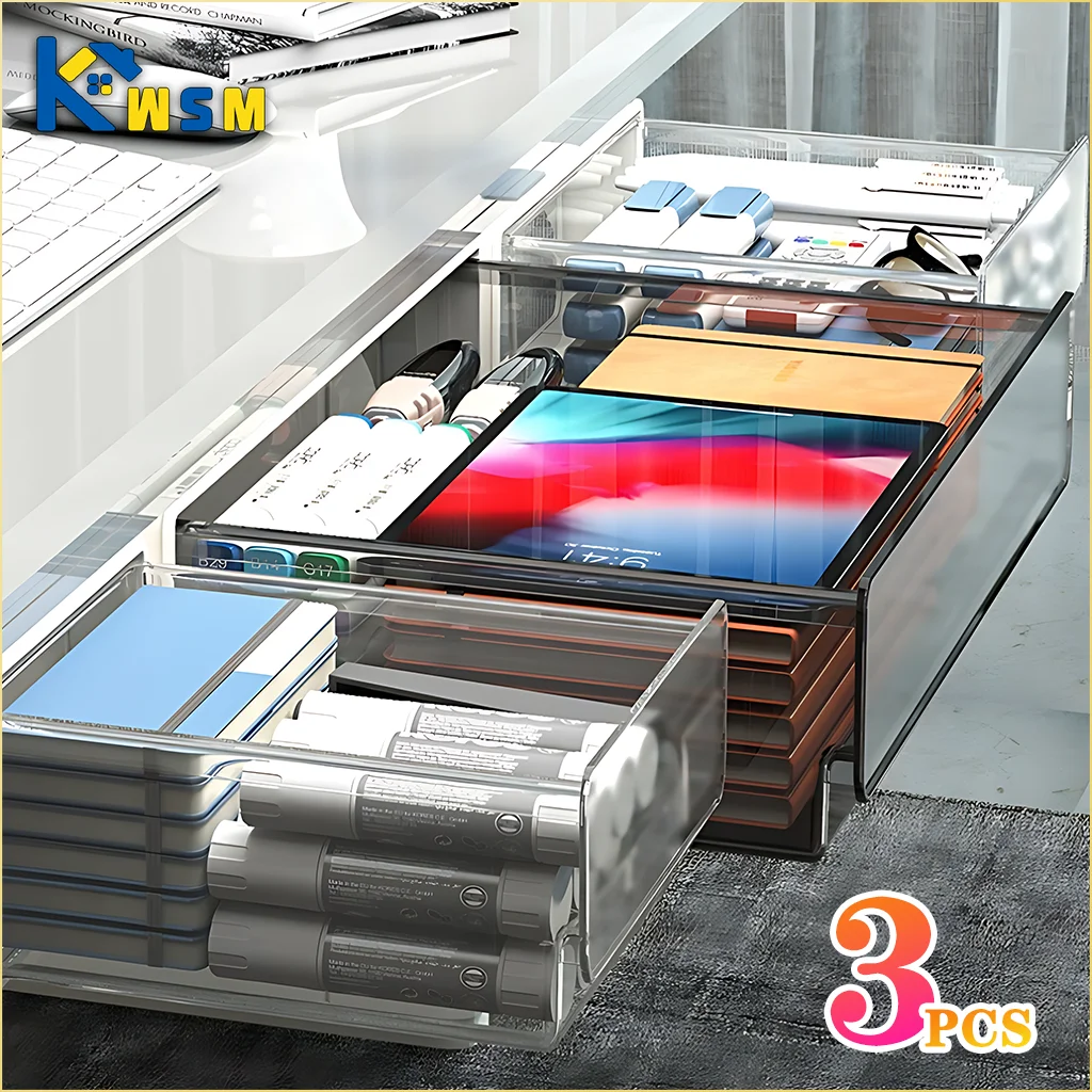 1-3PCS Hidden Desktop Organiser Desktop Sticky Drawer Slide Out Under Desk Drawer Transparent Under Desk Drawer Storage
