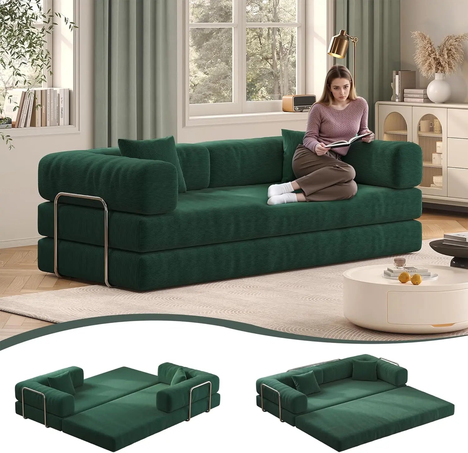 79’’ Convertible Sofa Bed with Pillows Corduroy Folding Sleeper Sofa with Fixed-Shape Frame Boneless Couch for Living