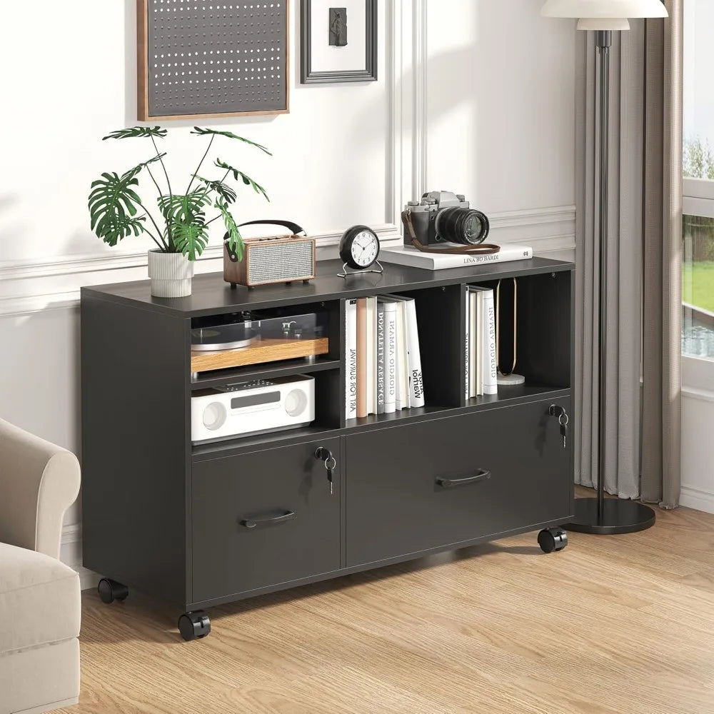 Wood Lateral File Cabinet with Lock,Lockable Rolling Filing Cabinet with Adjustable Storage Shelves,Printer Stand
