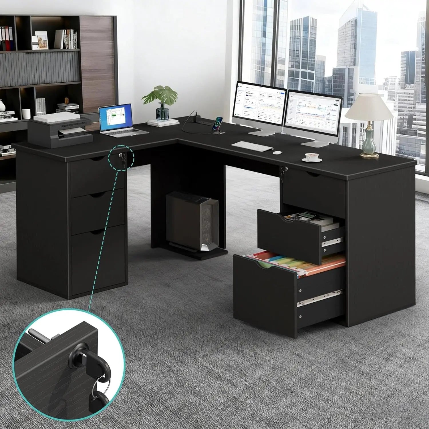L Shaped Office Desk with Drawers - 66 Inch Modern Large Executive L-Shaped Computer Desk with File Cabinet & Power
