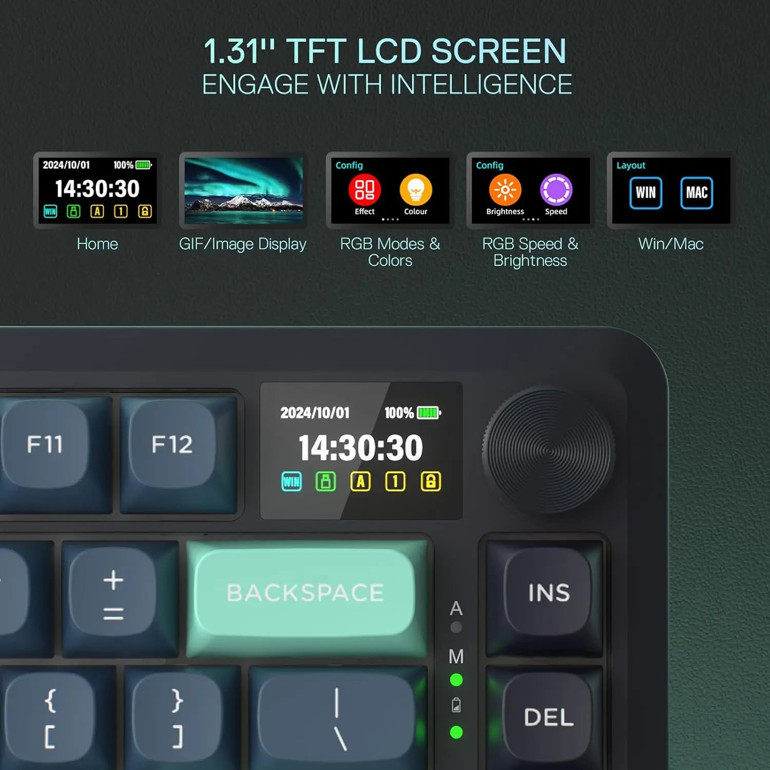 Redragon K724 PRO Wireless Gasket Gaming Keyboard w/Hype Screen & Knob 81-Key Mechanical Keyboard Mint Mambo Switches