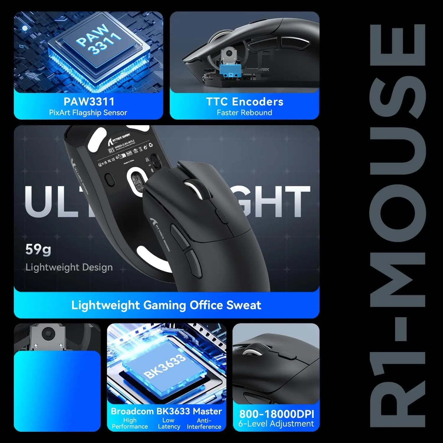 MAMBASNAKE x ATTACK SHARK R1 59g SUPERLIGHT Mouse PixArt PAW3311 Gaming Sensor BT/2.4G Wireless/Wired Gaming Mouse