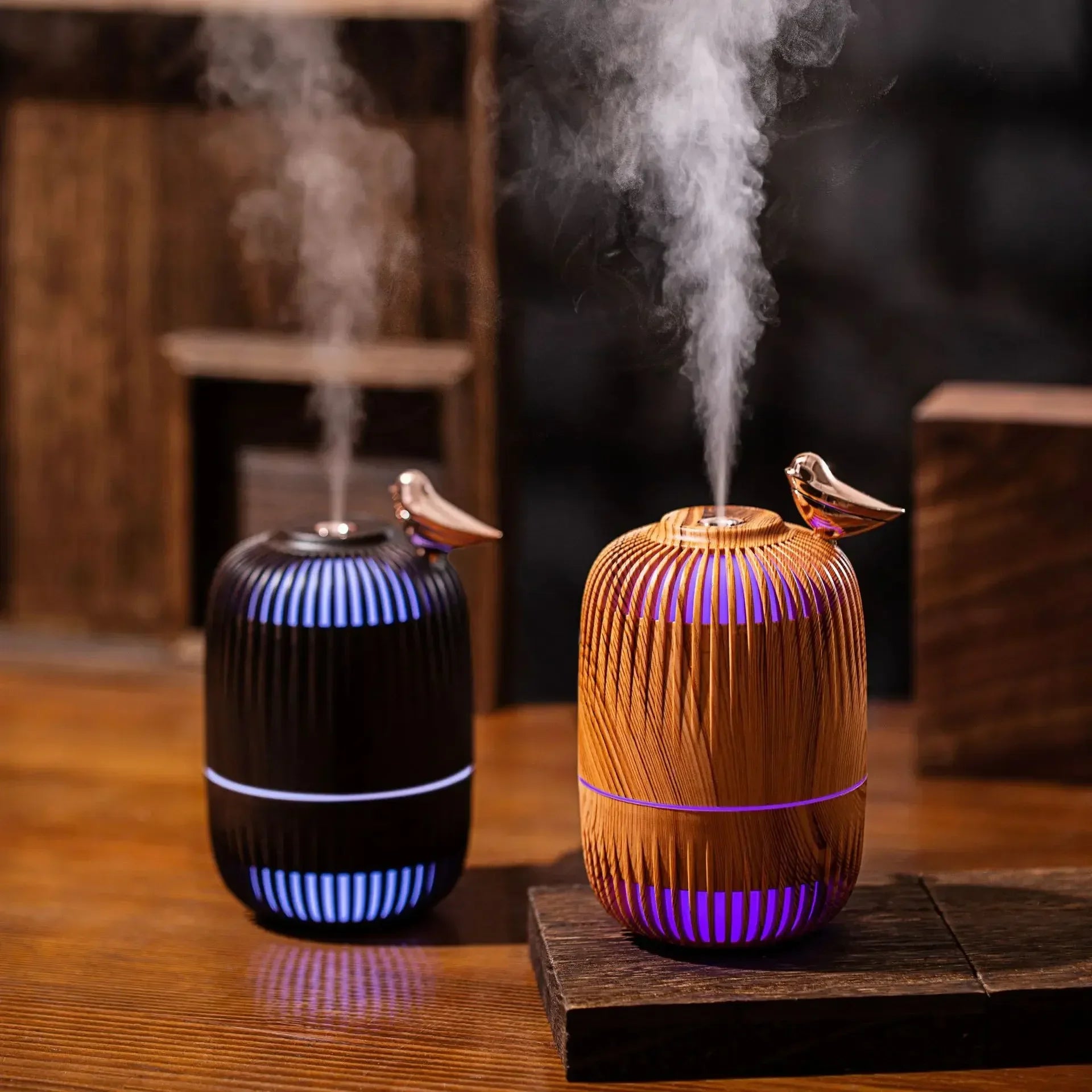 Mengniu Wood Grain Mini Ultrasonic Humidifier Office Home Use Dual Purpose Spray Moisturizer Atmosphere Light for Air