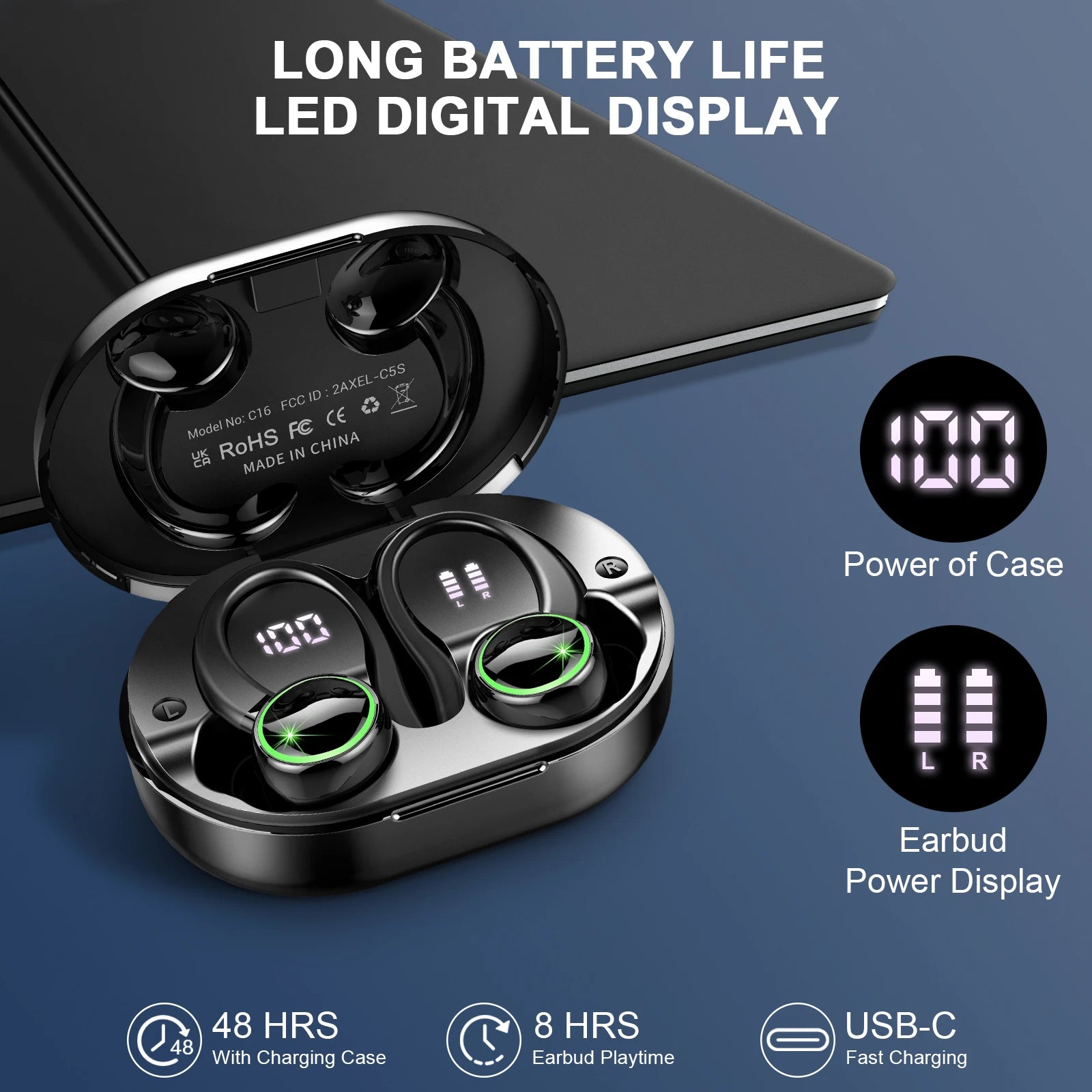 DRSAEC Wireless Earbuds Sports Bluetooth Headphones 5.3,4 ENC Noise Cancelling Mic IP7 Waterproof Headset 50H Playback.