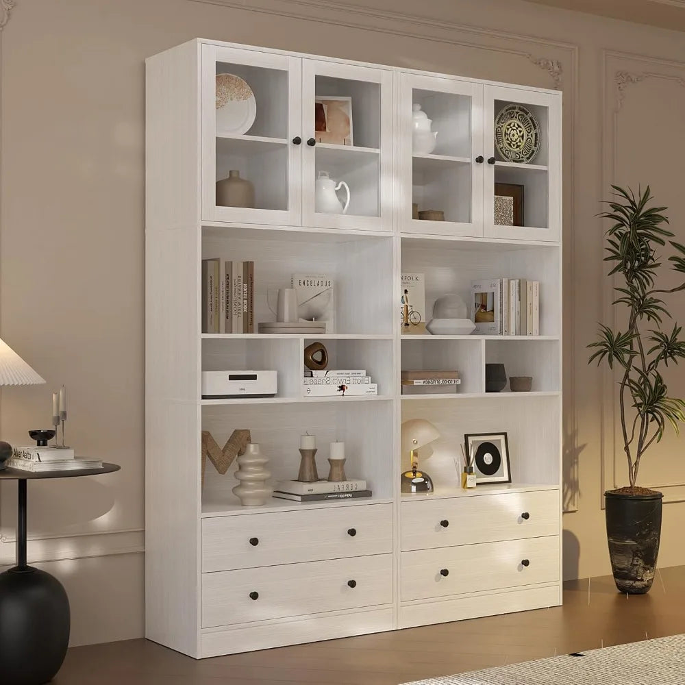 Large 7-Tier Wooden Bookshelf with Drawers Modern Storage Cabinet for Living Room Suitable for Home Use - United States