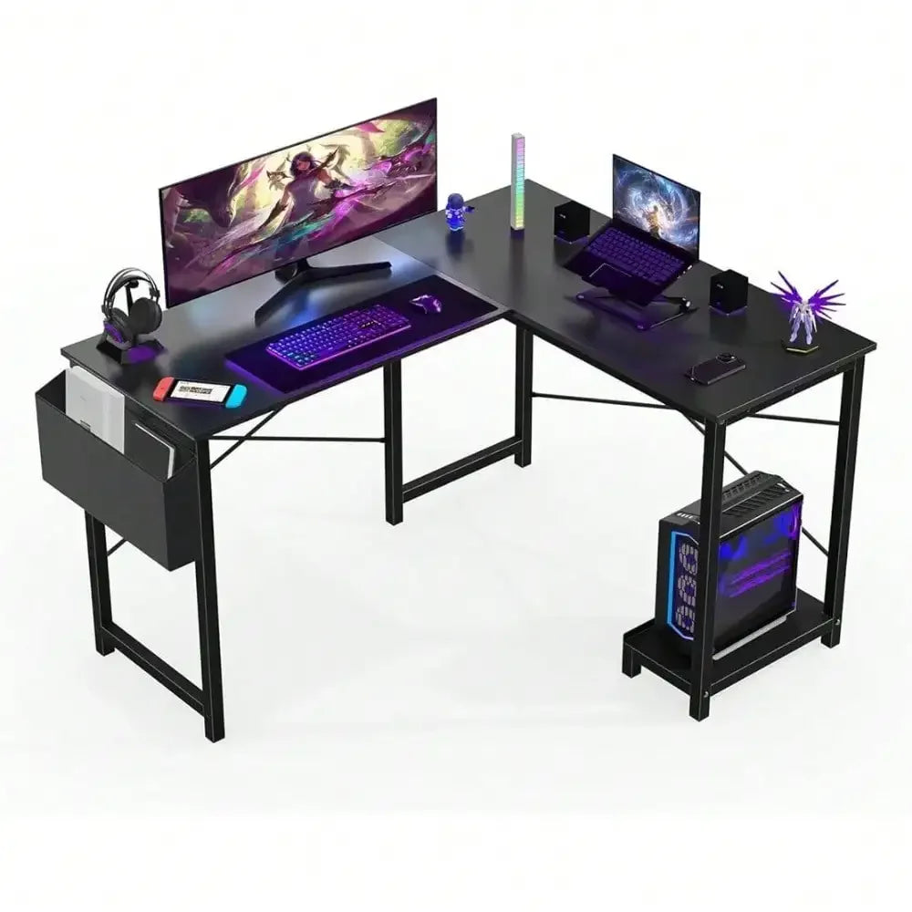 Home Office L Shape Corner Computer Desk Gaming PC Table with CPU Stand Side Bag - United States