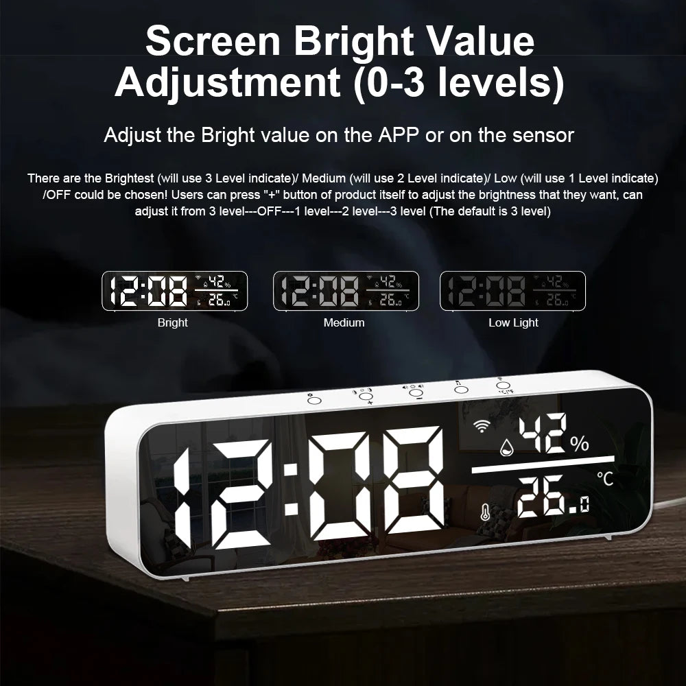 Tuya WiFi LED Alarm Clock Support Temperature Humidity Sensor Time Display USB Desktop Mirror Clocks for Living Room