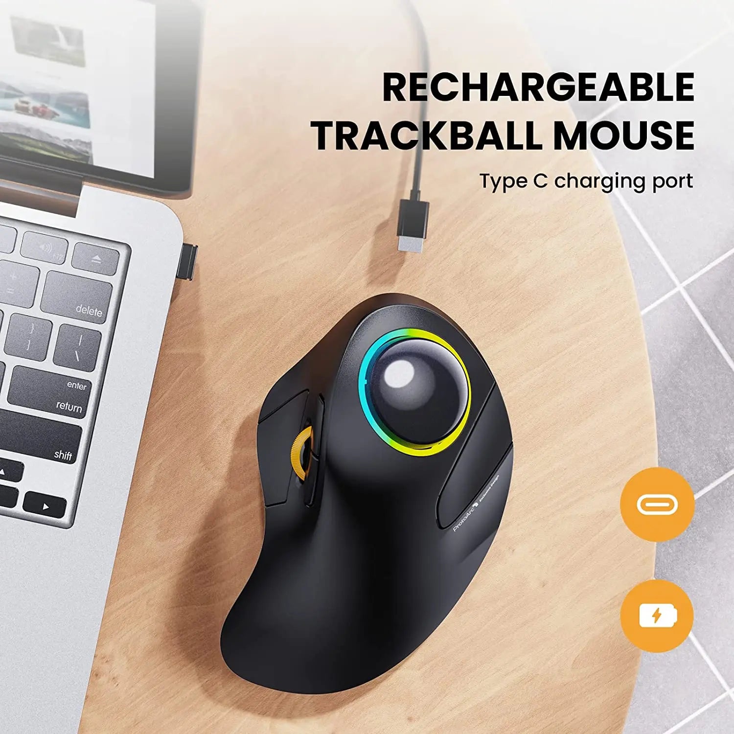 ProtoArc EM03 Wireless Bluetooth Trackball Mouse Rechargeable Ergonomic RGB Backlit Rollerball Mice for Windows Mac