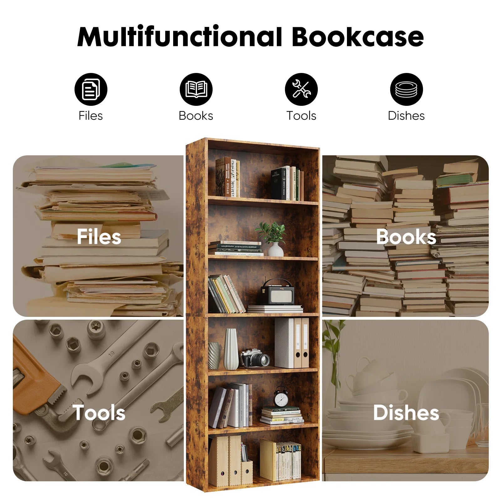 JHK 6 Tier Wooden Shelf Bookcase 63 Inch Tall Floor Standing Open Bookshelf for Living Room and Home Office