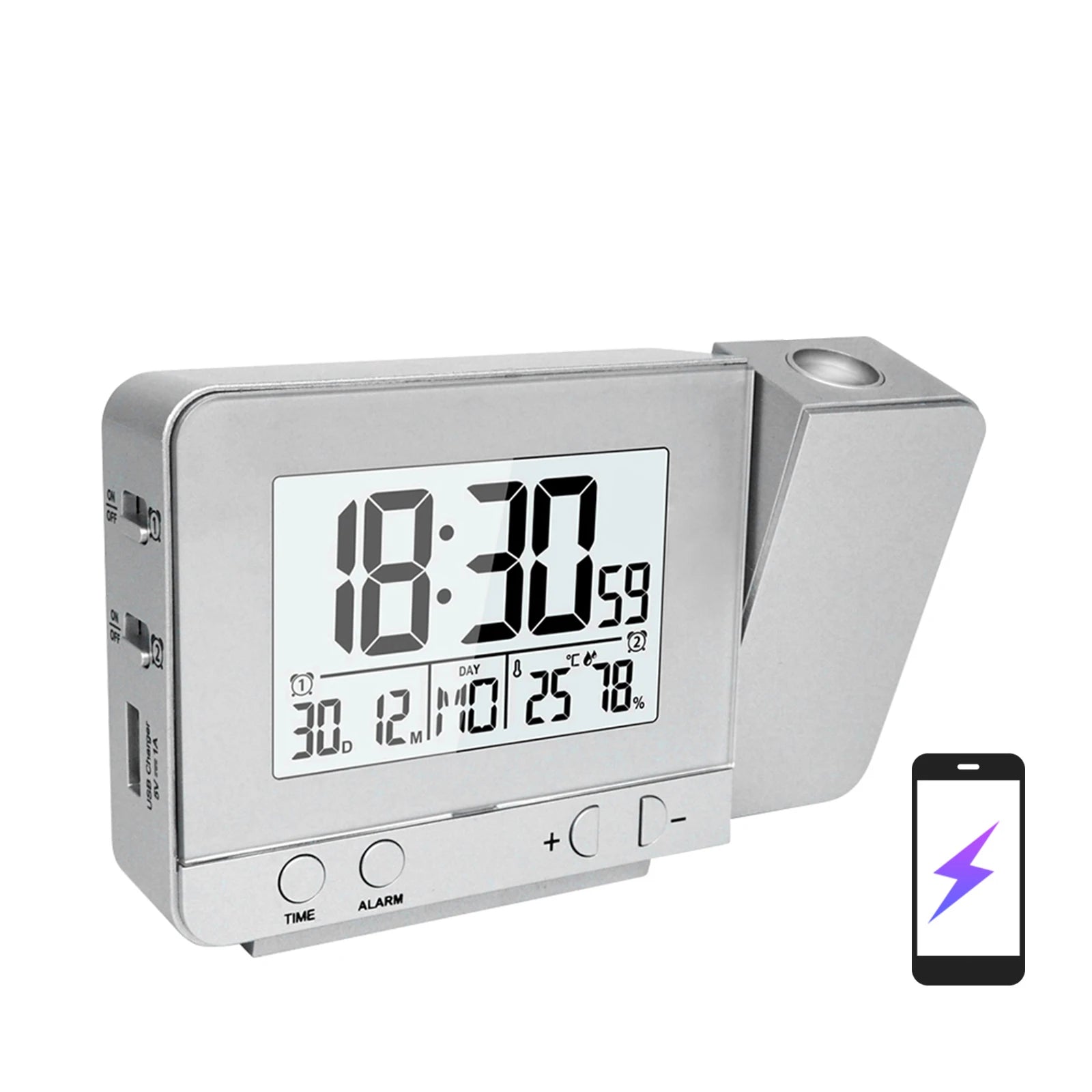 Projection Alarm Clock for Bedroom with Thermometer Hygrometer Digital Ceiling Clock Dimmable LED Display with USB